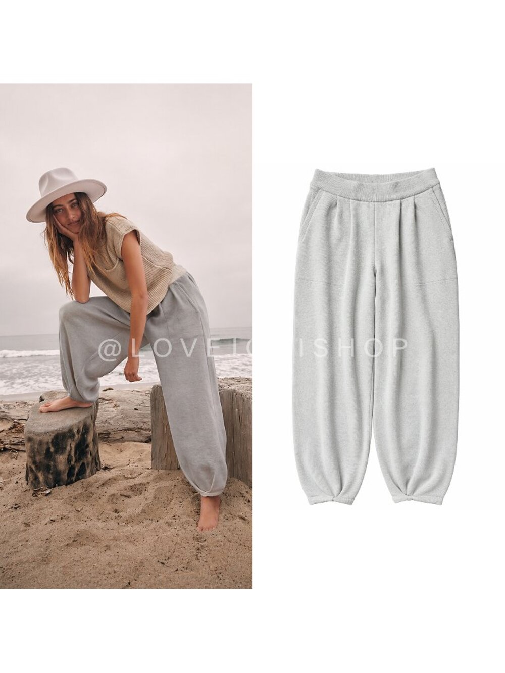 Bohemian | Free People Knit Balloon Joggers Pants | Grey Pockets Pleated | Linen